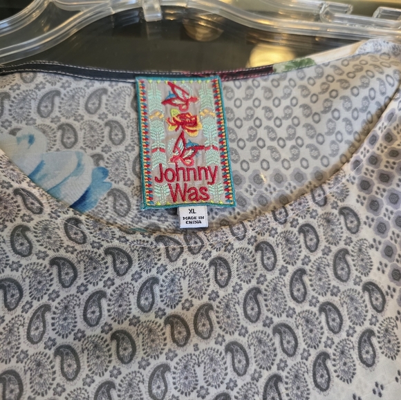 Johnny Was Floral Blouse - Purple, Yellow, Cream. 34" long, chest is 25".  Silk. - Picture 8 of 9